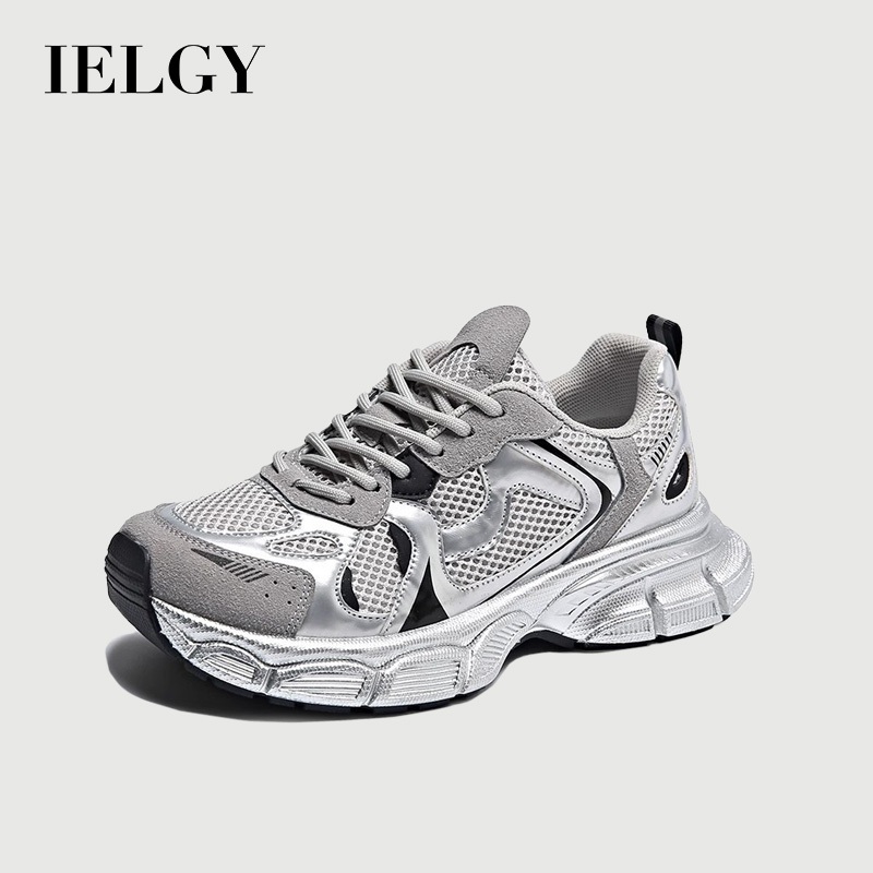 IELGY เงินสีชมพูความสูงหนา soled Daddy รองเท้า 2025 ใหม่สไตล์ฮ่องกงวิ่ง Retro รองเท้าผ้าใบผู้หญิง