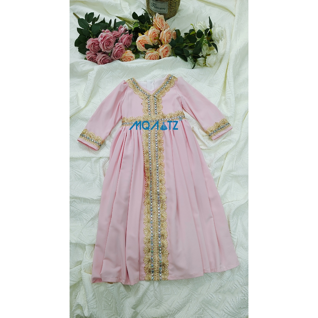 Mqatz รายา ดอกไม้เจ้าหญิงสาวชุดแขนยาวชุดมุสลิมสําหรับเด็กเครื่องแต่งกายสีชมพูพรรคชุดเด็กเสื้อคลุม AMSL39