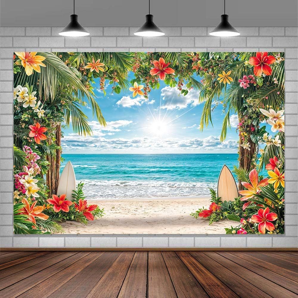 7X5FT ฤดูร้อนฮาวายชายหาดฉากหลังการถ่ายภาพพื้นหลังสําหรับ Luau Aloha งานแต่งงานเด็กวันเกิด Party ตกแต่งแบนเนอร์ภาพบูธ