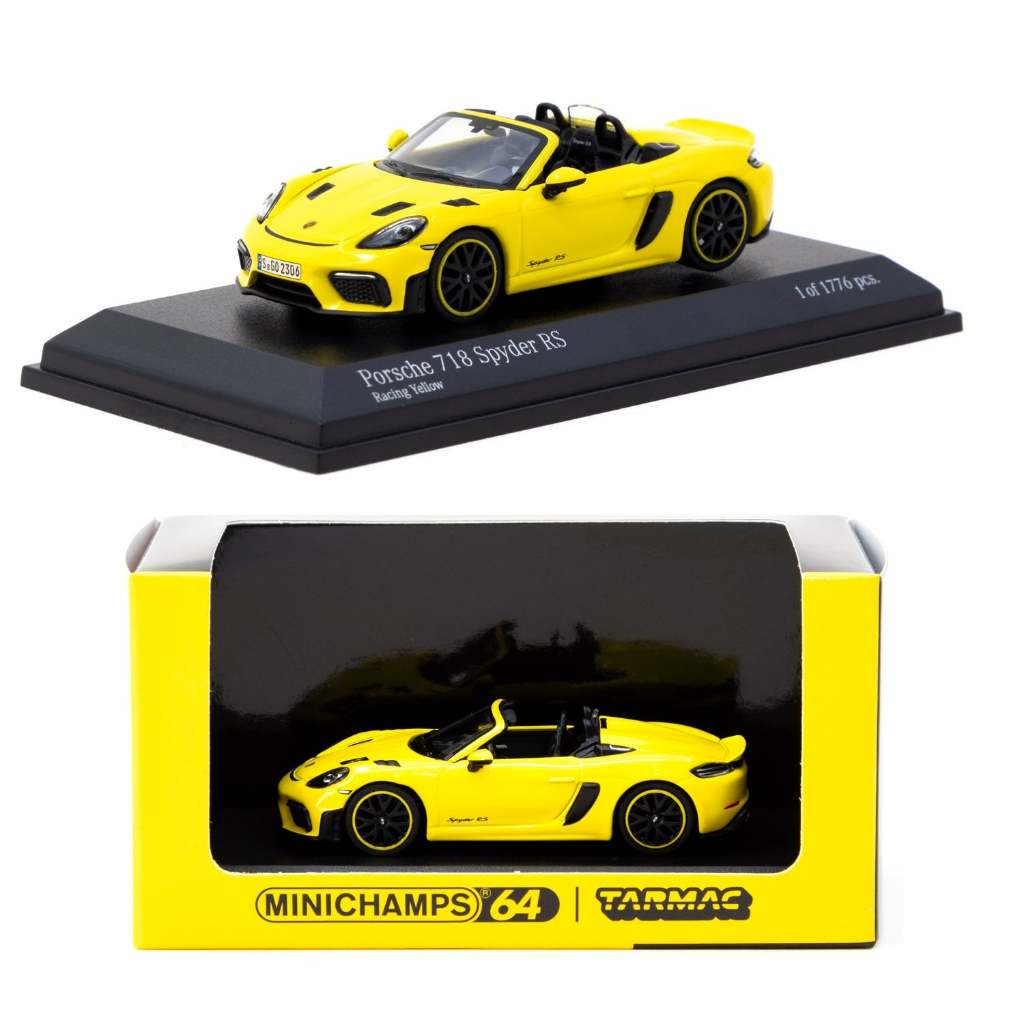 Tarmac Works T64MC-008-RY x MINICHAMPS 1/64 Porsche 718 Spyder RS Racing สีเหลือง Diecast Scale รถรุ