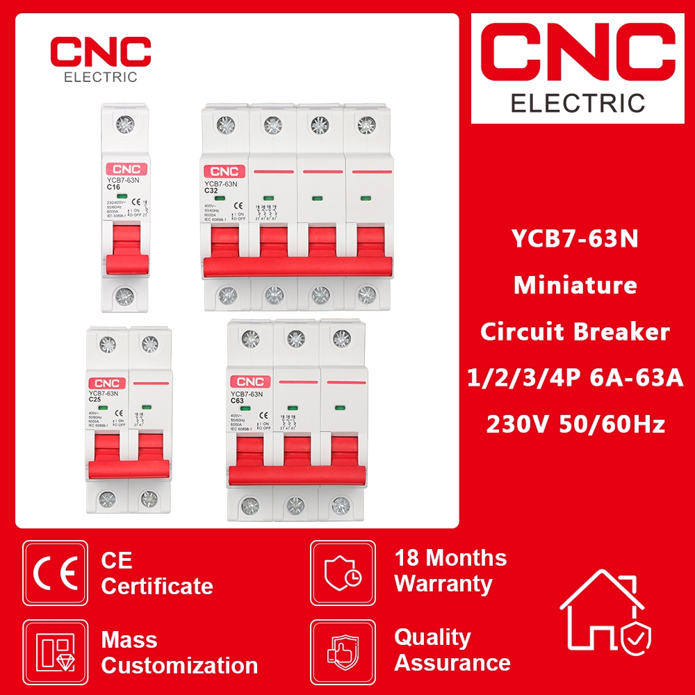 Cnc YCB6H-63 เบรกเกอร์วงจร MCB ความจุ 6A 10A 16A 20A 25A 32A 40A 50A 63A 1P 2P 3P