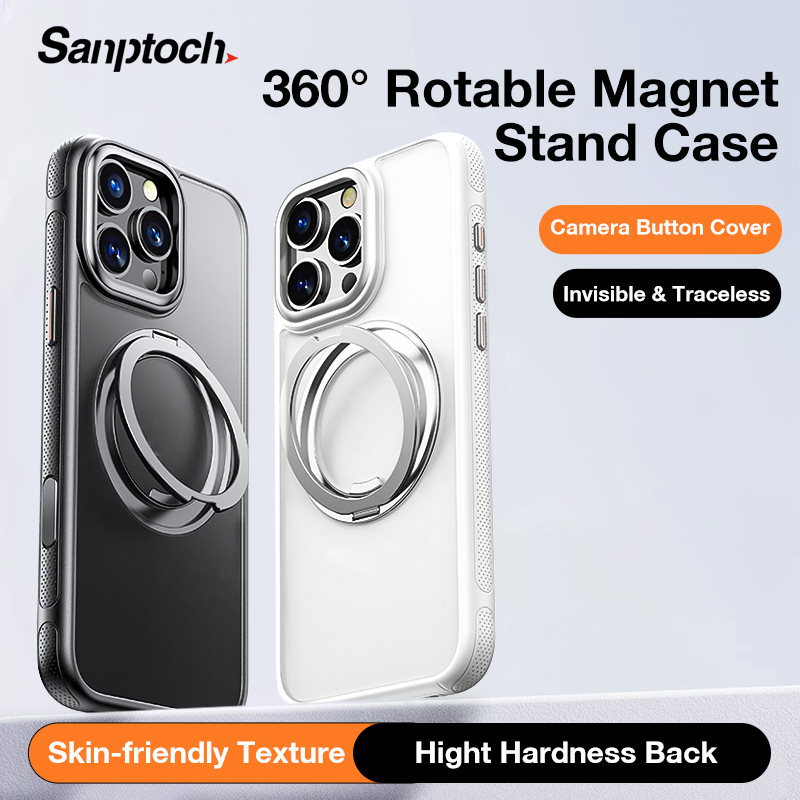 Sanptoch Magnetic 360° ขาตั้งแม่เหล็กสําหรับiPhone18 17 16 15 14 13 Pro Max Soft TPU Edge + Hard PCฝาครอบแม่เหล็กกันกระแทกป้องกันปลอกพร้อมที่ยึดโลหะผสมที่มองไม่เห็น