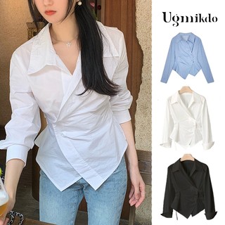 Ugmikdo White shirt women's Korean version V-neck slim fit shirt