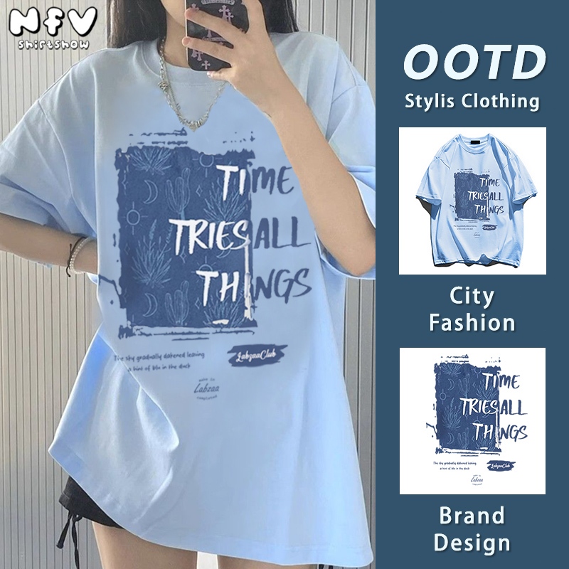 NFV พร้อมส่ง💙ลายพิมพ์ลวดลายสีน้ำเงิน เสื้อยืดผู้หญิงoversized ผ้าฝ้ายแท้ เนื้อผ้านุ่ม ใส่สบาย YG563