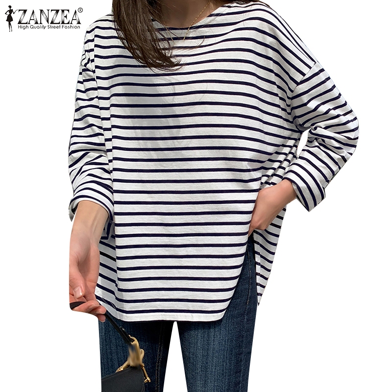 Zanzea เสื้อยืด คอกลม แขนยาว พิมพ์ลายทาง สไตล์เกาหลี สําหรับผู้หญิง