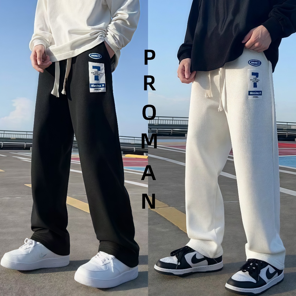 ⚡️ProMan⚡️กางเกงขายาวผู้ชายวาฟเฟิลด์ พิมพ์ลายตัวอักษร ทรงตรง แบบหลวม กีฬา