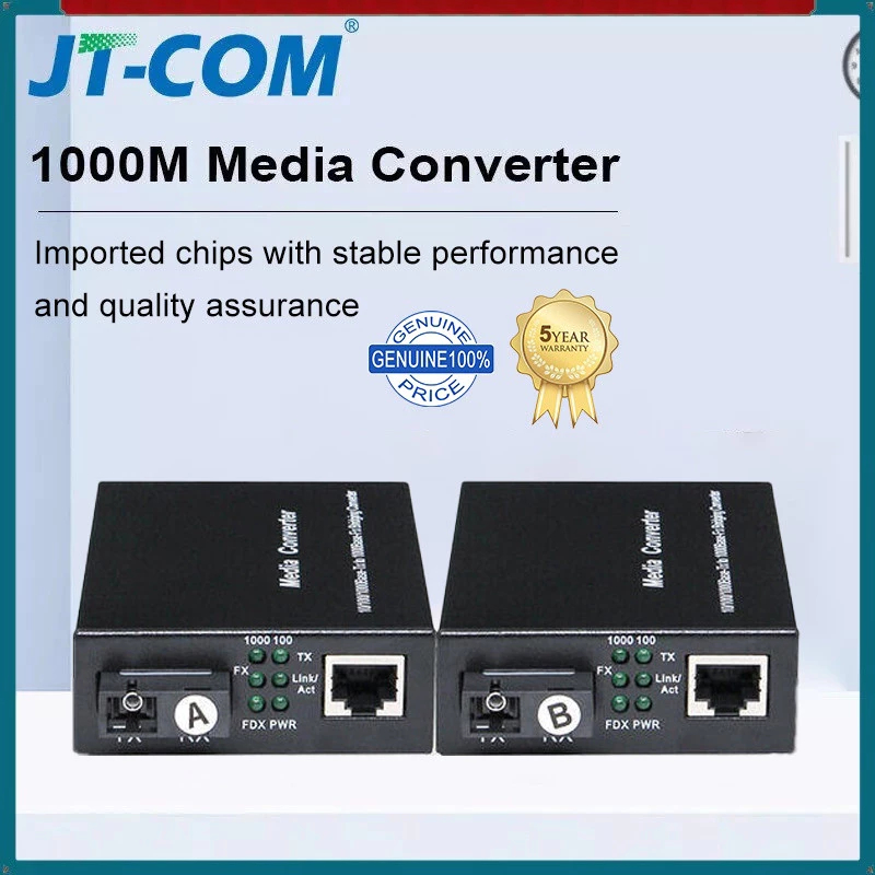 JT-COM Media Converter Gigabit 10/100/1000 Single-Mode Single-Fiber - SC Connector, 3KM-120KM Range, 5V2A Power