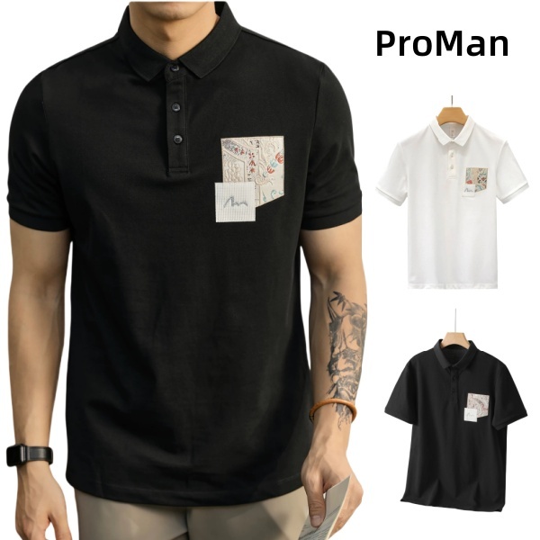 ProMan-เสื้อโปโลปักลายผู้ชาย  เสื้อคอปก  คลาสสิกแมทช์ลุคง่าย  ลำลอง  ทำให้ดูผอมเพรียว