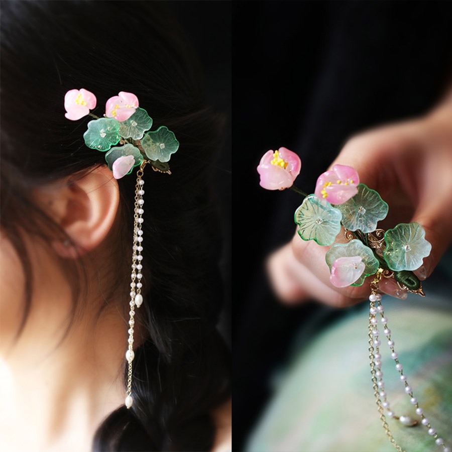 ฤดูใบไม้ผลิฤดูร้อนดอกบัวโบราณเพิร์ลพู่ด้านข้างกิ๊บผม