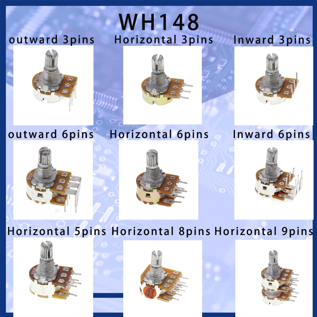 (มีทุกขนาด)WH148 แนวนอน Triplet Gang มุ่งหน้าไปดัด 3 5 6 8 9 Pins Potentiometer Ohm Variable Resistors 15mm knurled Shaft Aluminium Alloy Knob Caps