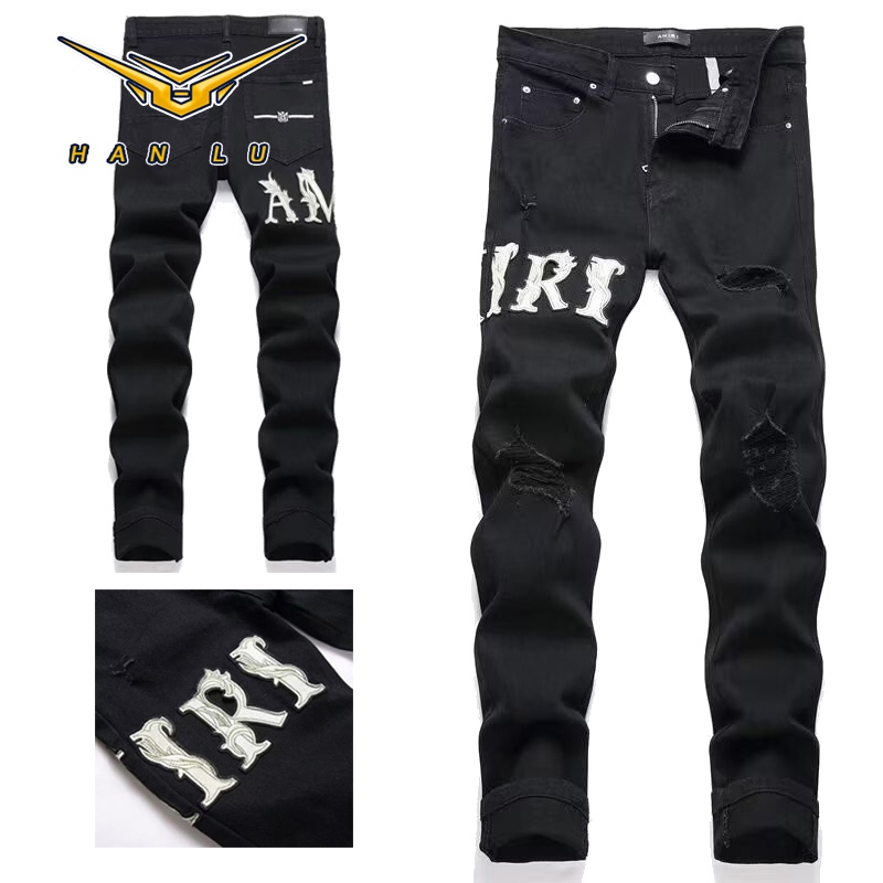 ฮันลู สูง ถนน แฟชั่นแบรนด์ใหม่ปักกางเกงยีนส์ผู้ชายสีดําฉีกแพทช์ยืดสลิมฟิต