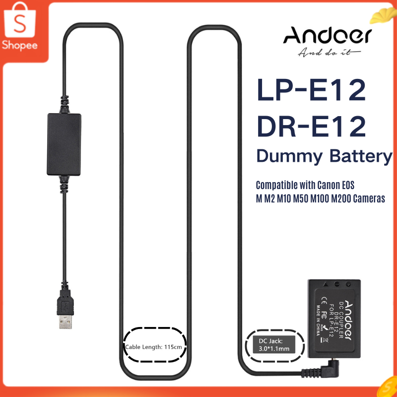 Andoer Dr-E12 Usb ชุดพาวเวอร์ Dc Coupler Dummy แบตเตอรี่สําหรับกล้อง Canon Eos M2 M10 M50 M100 M200
