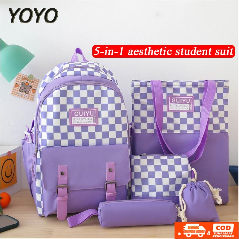 {จัดส่งในพื้นที่}Aesthetic 5 in 1 Bag Korean Cute Backpack Set Wear resisting Checkerboard schoolbag