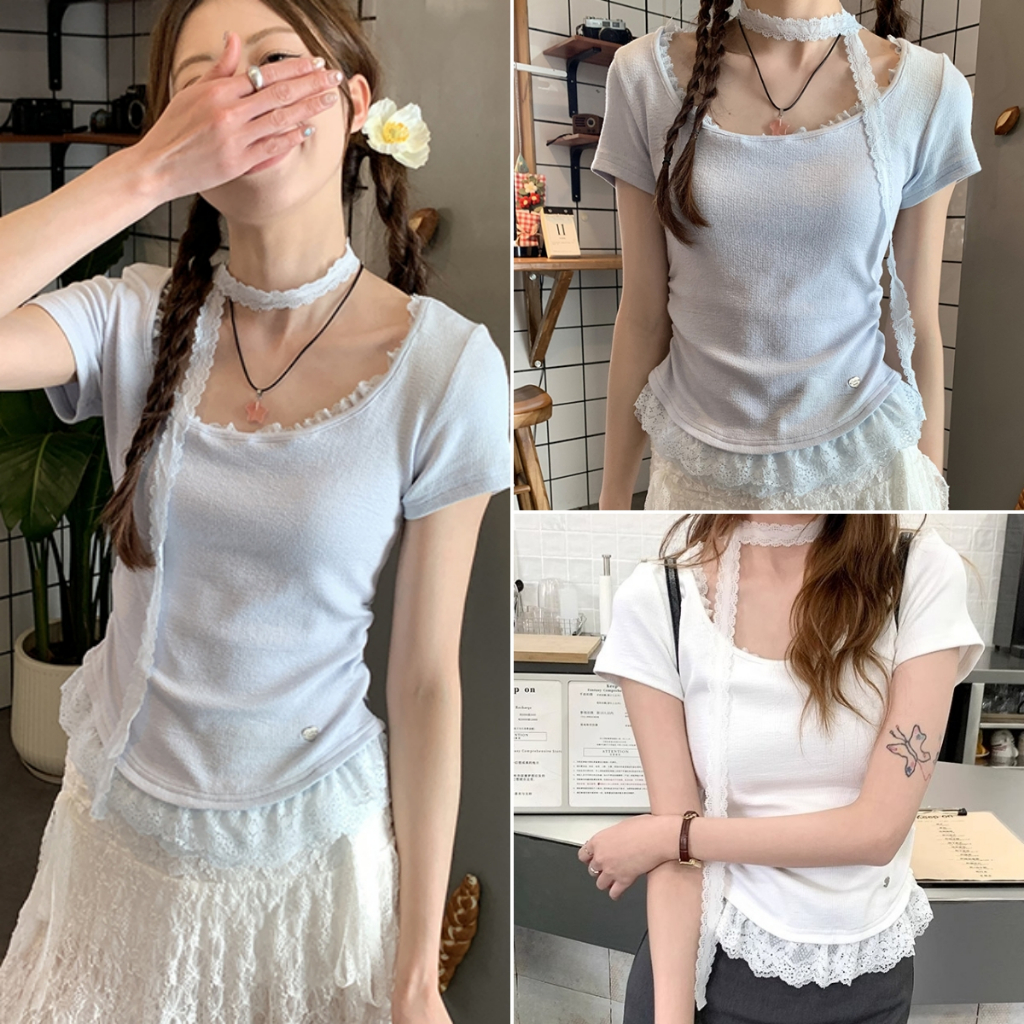 Luna Shop พร้อมส่ง เสื้อยืดสวยๆผู้หญิง เสื้อยืดเข้ารูป สาวน้อยแสนหวาน การออกแบบขั้นสูง แขนสั้นสีพื้น（เสื้อผ้าไม่รวมริบบิ้น）