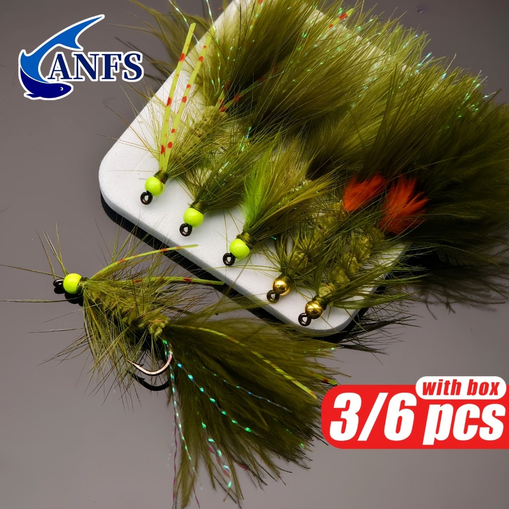 3 ชิ้น/6 ชิ้นเหยื่อตกปลาหัวลูกปัดโลหะ Woolly Bugger, Olive Streamers Fly - Barbless Jig Hook - สําหรับปลาเทราท์, ปลาแซลมอน, Pike & Bass Fishing Lures