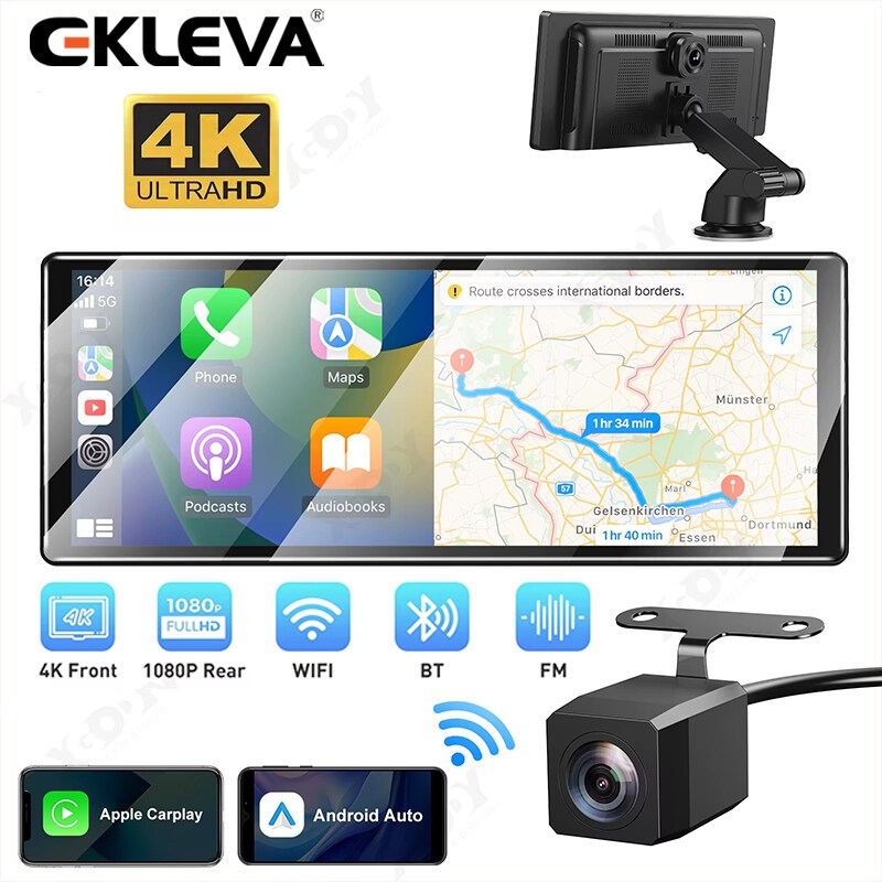 EKLEVA 11.3 "4K Dash Cam Wireless Carplay Android Auto Car DVR WiFi นําทางกล้องมองหลังแดชบอร์ดวิดีโอ
