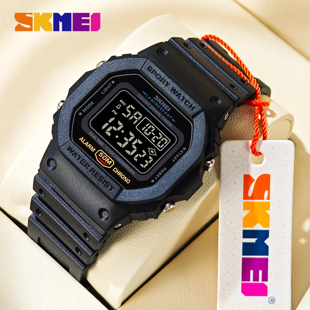 【ซื้อ 1 แถม 1】นาฬิกา SKMEI ดิจิทัล เรือนสี่เหลี่ยม กันน้ำ 100% ทนทานระดับโปร ฟังก์ชันครบครัน ของแท้ สีดำ