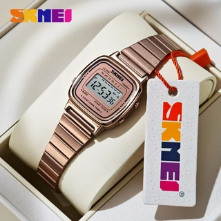 SKMEI 1901 นาฬิกาข้อมือผู้หญิง ดิจิตอลทรงสี่เหลี่ยม สายสเตนเลส กันน้ำ 30M นับถอยหลัง จับเวลา นาฬิกาปลุก แสดงวันที่ วันในสัปดาห์ ระบบ 12/24 ชั่วโมง