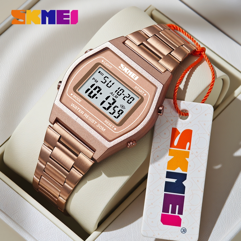 สุขสันต์วันสงกรานต์ SKMEI นาฬิกากันน้ำ  ของขวัญ นาฬิกาแฟชั่นสายเหล็กเกรดสูง จอดิจิตอล   โครงสร้างสังกะสีอัลลอยด์ แข็งแรงไม่บิดเบี้ยว กระจกกันรอยขีดข่วนพิเศษ ข้อมือ