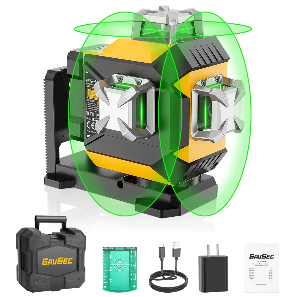 SAVSEC 3D Laser Level Self-Leveling Green Beam 3360° -ปรับความสว่างแบบชาร์จไฟได้สําหรับงานก่อสร้าง/การชดเชย/ภาพแขวนด้วยแม่เหล็กผนังยึด & กรณีแบบพกพา