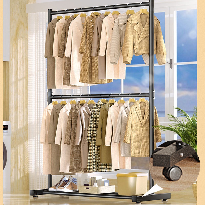 ราวตากผ้า ก้านคู่ไม้แขวนเสื้อชั้นร้านขายเสื้อผ้าเหล็กในครัวเรือนที่มีล้อที่สามารถเคลื่อนย้ายราวแขวนเสื้อผ้ามัลติฟังก์ชั่การจัดเก็บชั้นวางรองเท้า