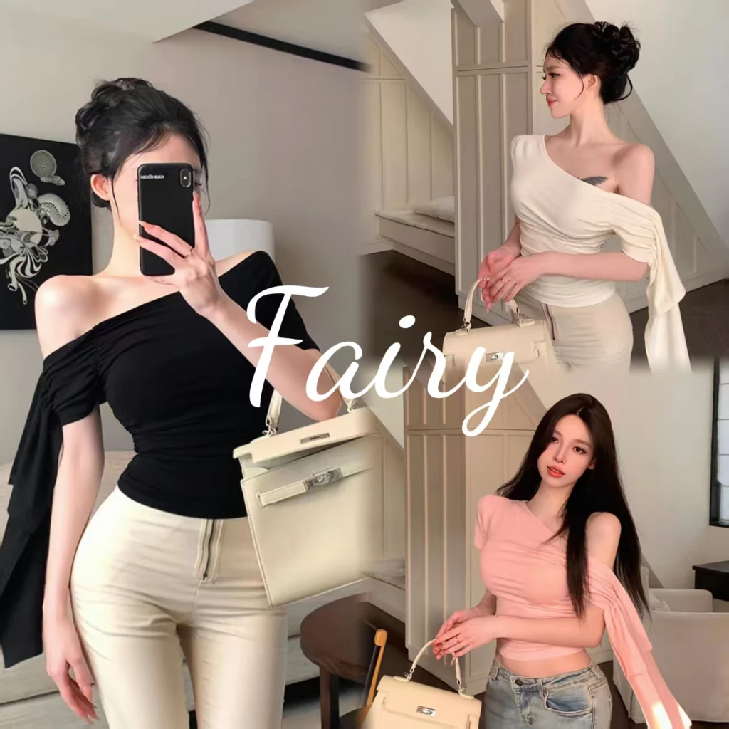 Fariy🍒คลังสินค้าพร้อม🍒เสื้อยืดแขนสั้นเปิดไหล่เซ็กซี่ผู้หญิง เสื้อครอปปาดไหล่ สีพื้น ทรงลูกคุณหนู เรียบหรูน่ารัก สาวอวบใส่ได้