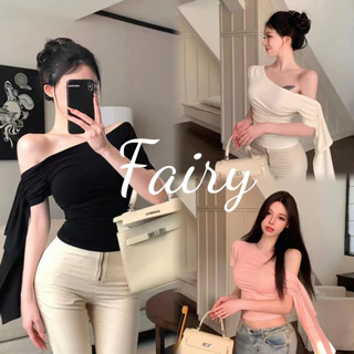 Fariy🍒คลังสินค้าพร้อม🍒เสื้อยืดแขนสั้นเปิดไหล่เซ็กซี่ผู้หญิง เสื้อครอปปาดไหล่ สีพื้น ทรงลูกคุณหนู เรียบหรูน่ารัก สาวอวบใส่ได้