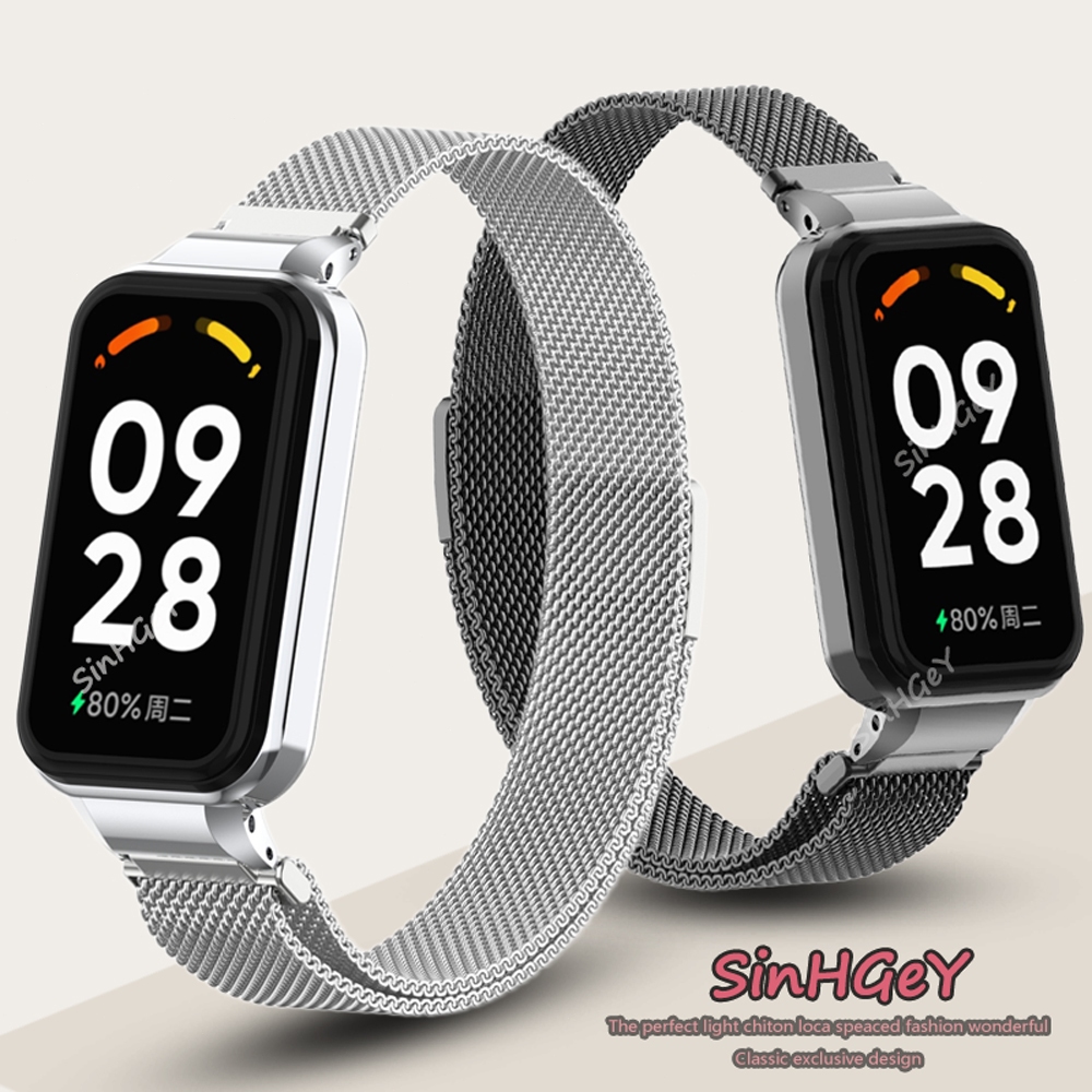 สายโลหะสําหรับ Xiaomi Smart Band 9 8 Active Magnetic สําหรับ Redmi Band 2 3 สแตนเลส Milanese สร้อยข้อมือเปลี่ยนสายรัดข้อมือกีฬา