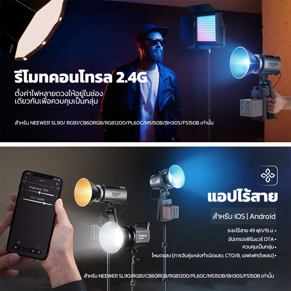 NEEWER MS60C ไฟวิดีโอ LED RGB ขนาดเล็ก 360° สีครบ 2700K-6500K, 8300lux/m