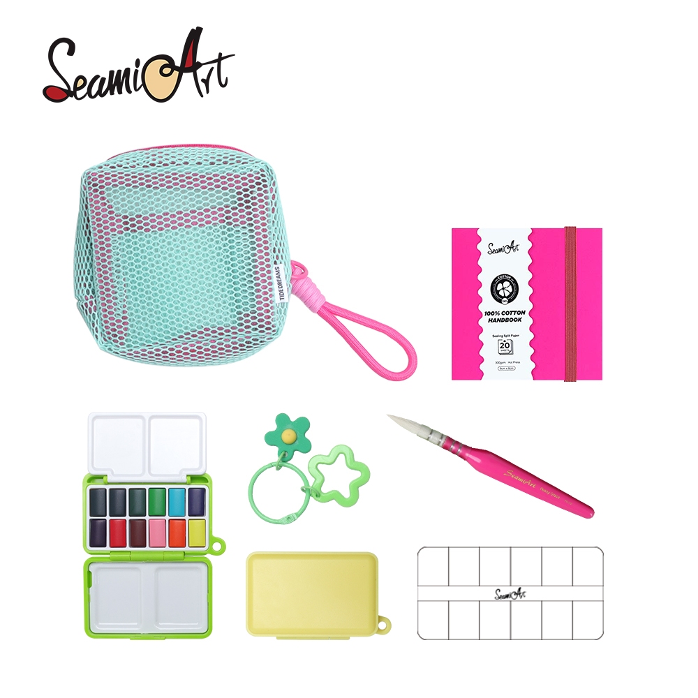 SeamiArt 12 สีแบบพกพา Travel Solid สีน้ํา SS25 วาดชุดของขวัญพร้อมกระเป๋าเก็บภาพวาดแปรง Palette กล่อง