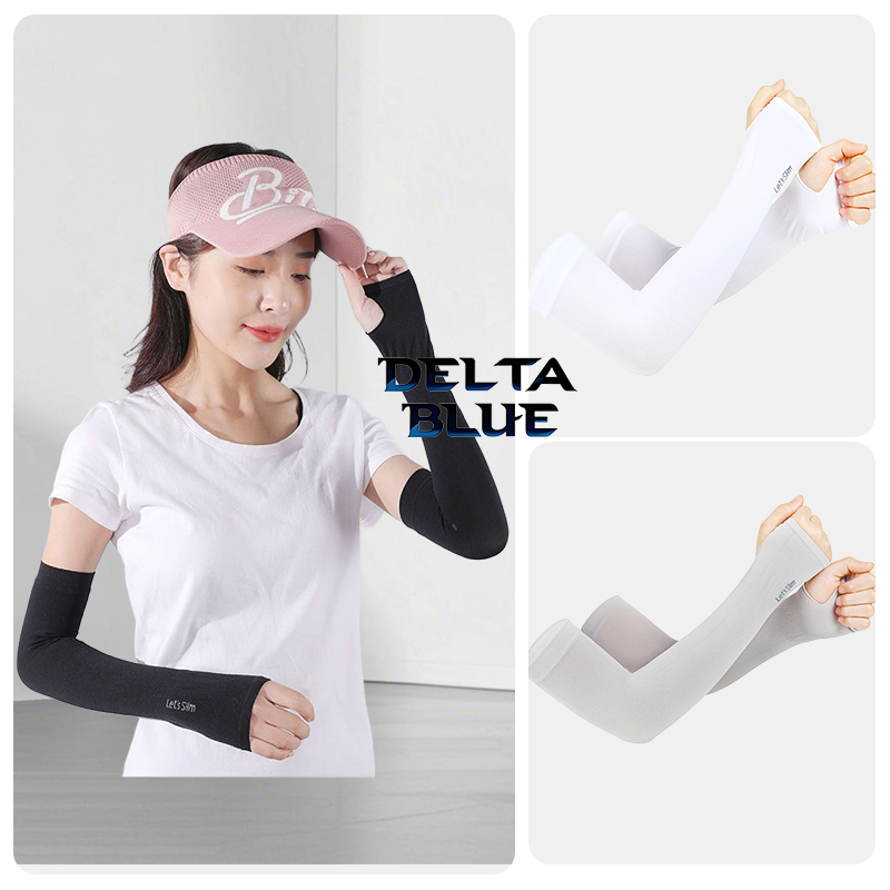 DELTA BLUE ปลอกแขนกันแดด กันแสงUV SPF50+ [1 คู่] แบบสวมนิ้ว/ไม่สวมนิ้ว เนื้อผ้าไมโครไฟเบอร์ บางเบาไม่ร้อน Let's Slim & Aqua กันร้อนได้ 100% ฤดูร้อนผู้ชายผู้หญิงผ้าไหมน้ําแข็งป้องกันรังสีอัลตราไวโอเลตระบายอากาศขี่จักรยานแขน