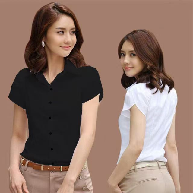 เสื้อเชิ้ตแขนสั้นจับจีบทรงเข้ารูปสําหรับผู้หญิงเสื้อทางการธุรกิจสีดําและสีขาวสําหรับทํางานและสํานักงาน
