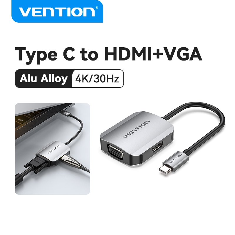 Vention ตัวแปลง USB C เป็น HDMI VGA 2 in 1 4K 1080P เชื่อมต่อโทรศัพท์ กับโปรเจคเตอร์ TV มอนิเตอร์ 34