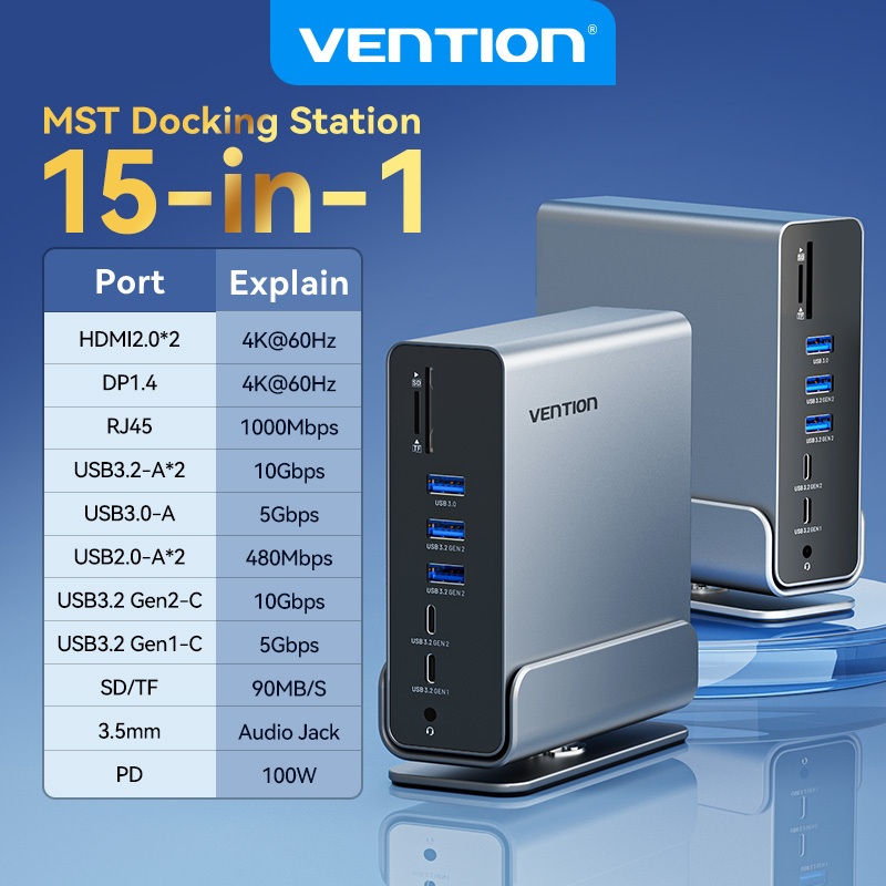 Vention 15 in 1 แท่นวาง USB-C MST TPU 3.2 10Gbps 4K HDMI DP 60Hz RJ45 1000Mbps SD TF สําหรับ MacBook Pro 16 นิ้ว 14 นิ้ว 13 นิ้ว MacBook Air
