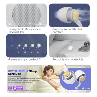 BET SLUMBUR ที่อุดหูนอน ลดเสียงได้ถึง 32dB/NNR 19.1dB ใส่สบาย ระบายอากาศดี ป้องกันเสียงรบกวน ใช้ซ้ำได้ มาพร้อมจุกหู 4 ไซซ์ S/M/L/XL ใส่แล้วสบายหูใน 15 วินาที เหมาะสำหรับใส่นอนหลับลึก