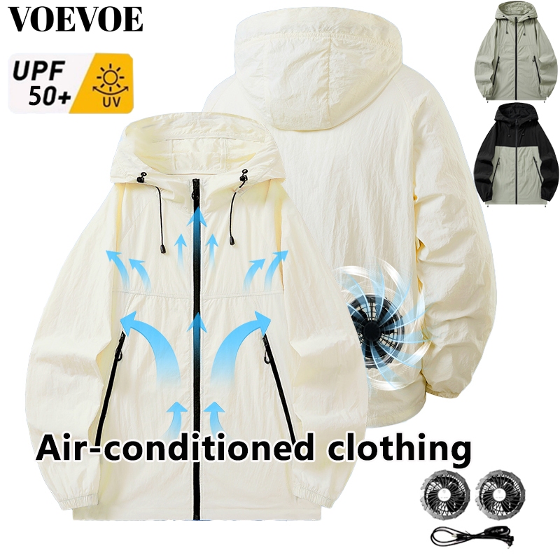 UPF50+Fan Jacket สําหรับผู้ชายและผู้หญิงแจ็คเก็ต UV กลางแจ้ง