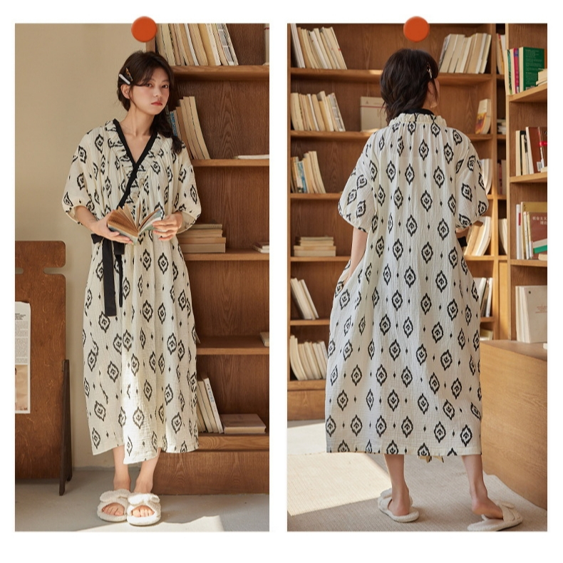 ชุดนอนกิโมโนผ้าฝ้ายเมฆ (พร้อมแผ่นรองหน้าอก) บางสไตล์ระบายอากาศดูเพรียวบาง | บ้านสวมด้านนอกกระโปรงยาวทรงหลวมแบบใช้คู่ | ฤดูร้อนสไตล์หวาน - รูปที่ 4