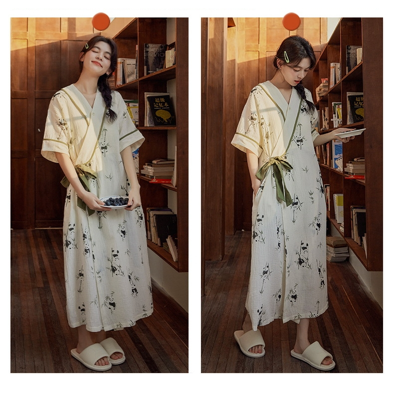 ชุดนอนกิโมโนผ้าฝ้ายเมฆ (พร้อมแผ่นรองหน้าอก) บางสไตล์ระบายอากาศดูเพรียวบาง | บ้านสวมด้านนอกกระโปรงยาวทรงหลวมแบบใช้คู่ | ฤดูร้อนสไตล์หวาน - รูปที่ 2