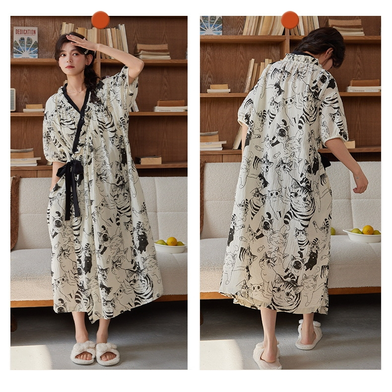 ชุดนอนกิโมโนผ้าฝ้ายเมฆ (พร้อมแผ่นรองหน้าอก) บางสไตล์ระบายอากาศดูเพรียวบาง | บ้านสวมด้านนอกกระโปรงยาวทรงหลวมแบบใช้คู่ | ฤดูร้อนสไตล์หวาน - รูปที่ 3