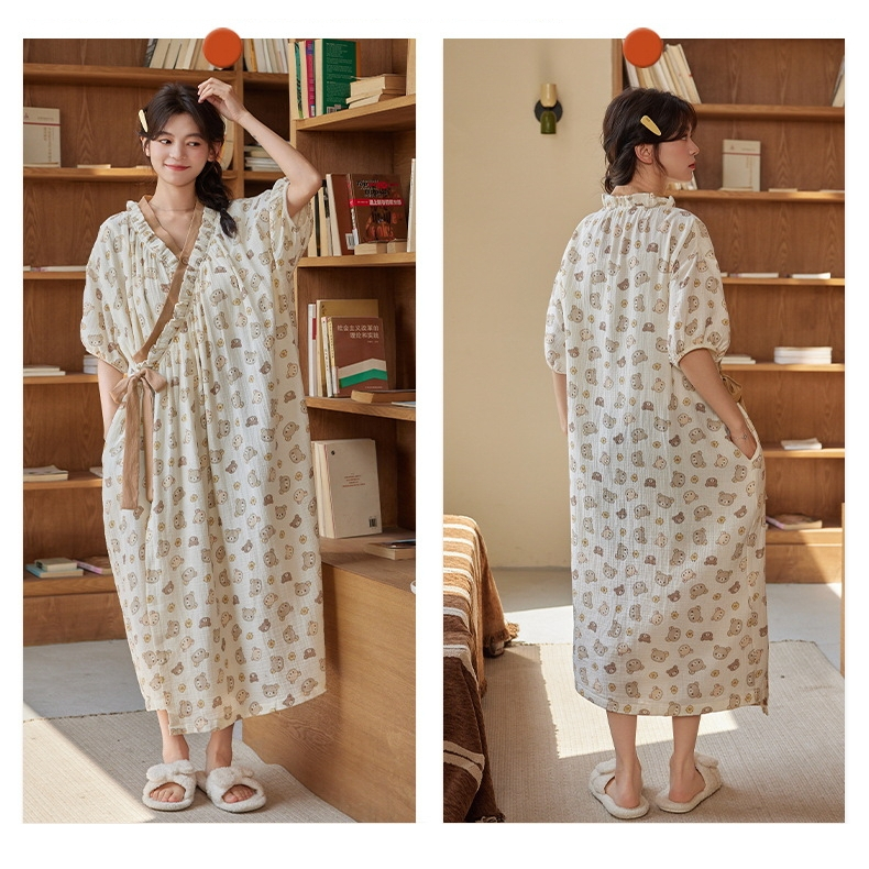 ชุดนอนกิโมโนผ้าฝ้ายเมฆ (พร้อมแผ่นรองหน้าอก) บางสไตล์ระบายอากาศดูเพรียวบาง | บ้านสวมด้านนอกกระโปรงยาวทรงหลวมแบบใช้คู่ | ฤดูร้อนสไตล์หวาน - รูปที่ 7