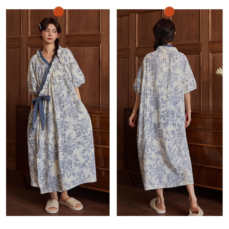 ชุดนอนกิโมโนผ้าฝ้ายเมฆ (พร้อมแผ่นรองหน้าอก) บางสไตล์ระบายอากาศดูเพรียวบาง | บ้านสวมด้านนอกกระโปรงยาวทรงหลวมแบบใช้คู่ | ฤดูร้อนสไตล์หวาน - รูปที่ 5