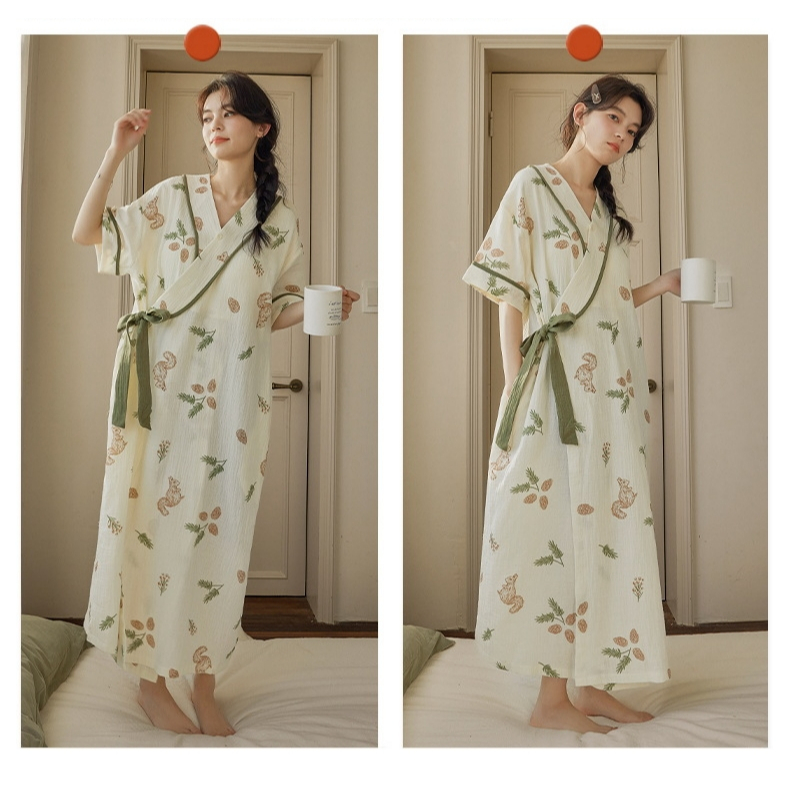 ชุดนอนกิโมโนผ้าฝ้ายเมฆ (พร้อมแผ่นรองหน้าอก) บางสไตล์ระบายอากาศดูเพรียวบาง | บ้านสวมด้านนอกกระโปรงยาวทรงหลวมแบบใช้คู่ | ฤดูร้อนสไตล์หวาน