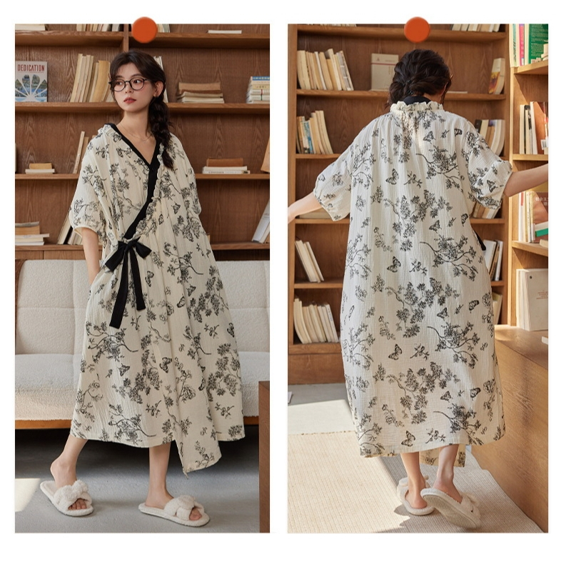 ชุดนอนกิโมโนผ้าฝ้ายเมฆ (พร้อมแผ่นรองหน้าอก) บางสไตล์ระบายอากาศดูเพรียวบาง | บ้านสวมด้านนอกกระโปรงยาวทรงหลวมแบบใช้คู่ | ฤดูร้อนสไตล์หวาน - รูปที่ 6