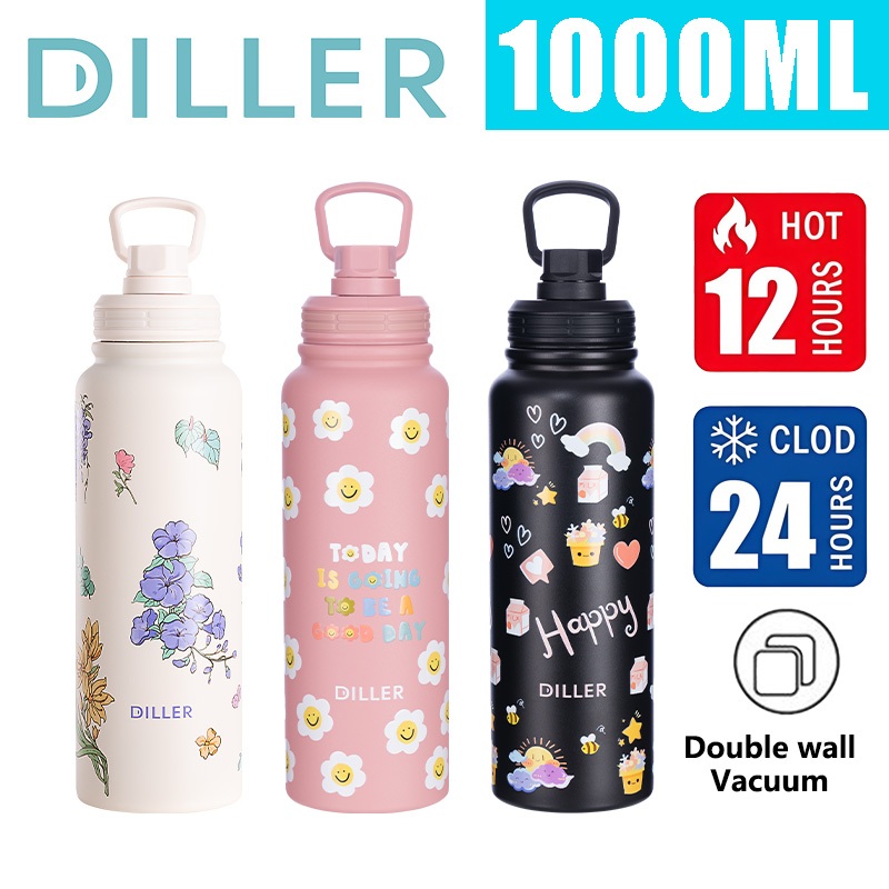 Diller 1000ML Thermos ขวด Thermos ถ้วยแบบพกพา Aquaflask Tumbler ขวดน้ําสแตนเลส D9290