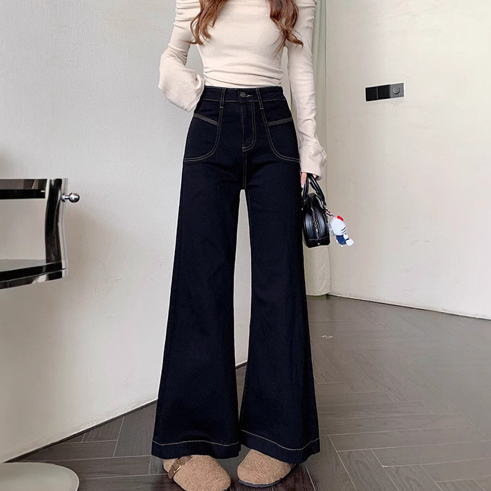 Laterme S-6XL กางเกงยีนส์ขาม้าแต่งเฟด ผ้าไม่ยืด ทรงสวยใส่สบาย