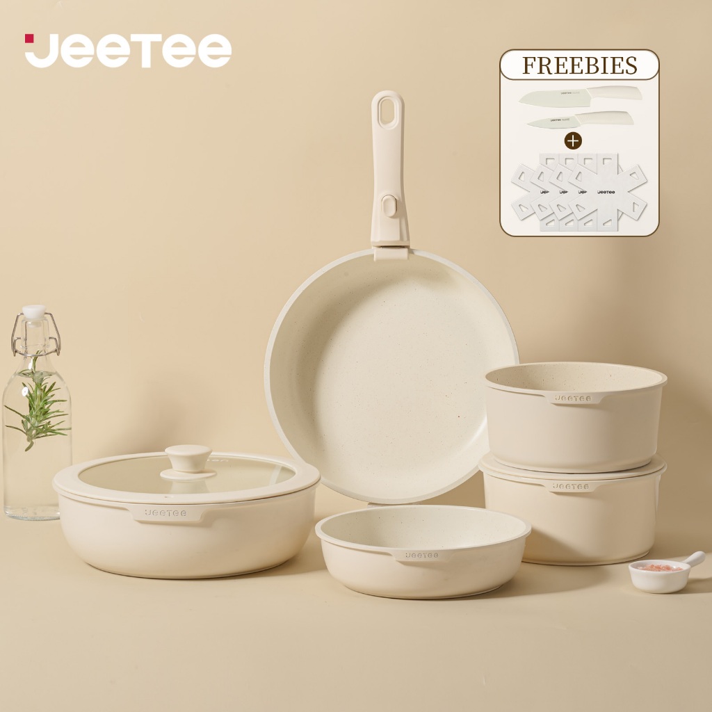 JEETEE [ถอดด้ามจับได้] ชุดกระทะ ชุดหม้อ 17 ชิ้น กระทะไม่ติด ชุดเครื่องครัว เหมาะกับเตาทุกประเภท
