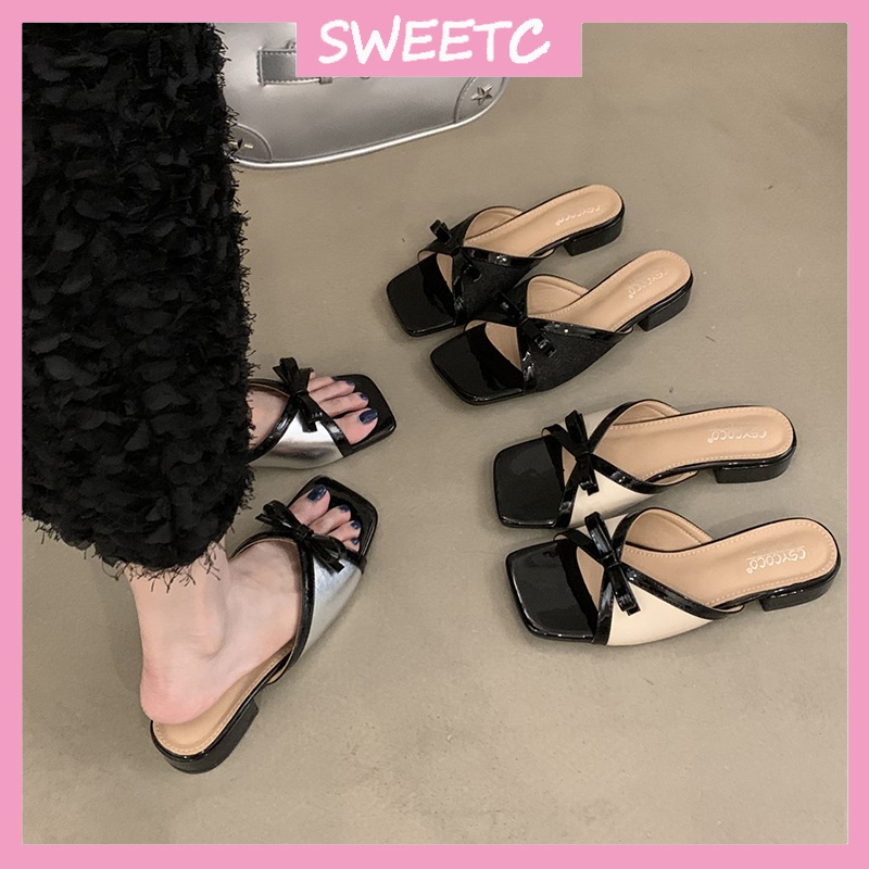 SWEETC รองเท้าสําหรับผู้หญิงแฟชั่นกลางแจ้งเปิดนิ้วเท้าโบว์รองเท้าส้นสูง