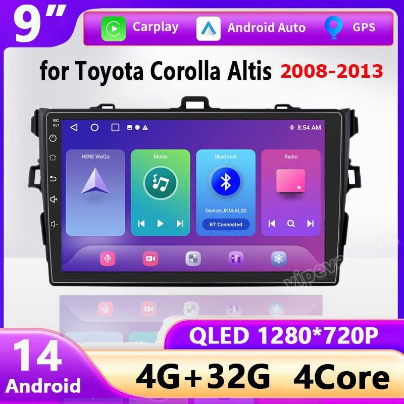(QLED 1280*720 Androd 14) 9 นิ้ว 2din Androd รถเครื่องเล่นเครื่องเสียงรถยนต์สําหรับ Toyota Corolla Altis Axio 2008-2013 พร้อม Wireless CarPlay Wifi/GPS/บลูทูธรถวิทยุ