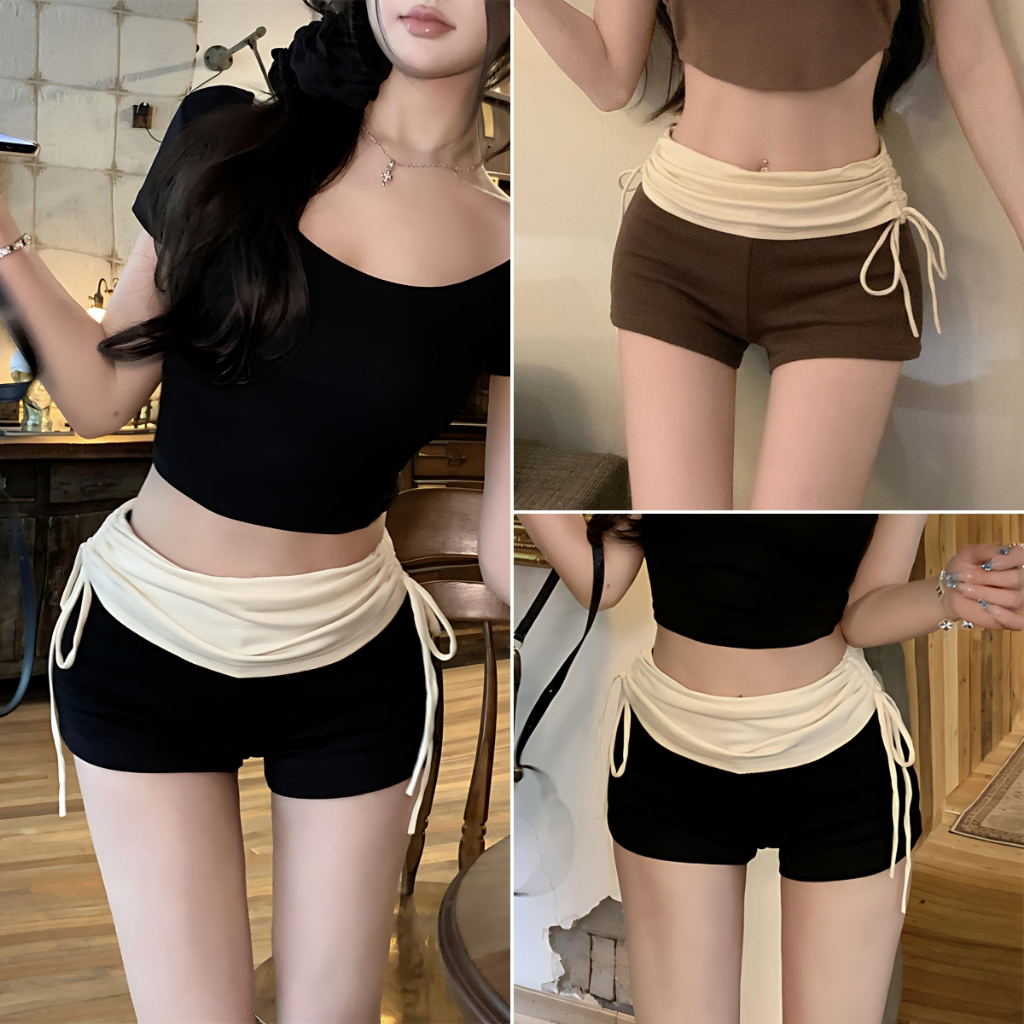 Betty house พร้อมส่ง กางเกงขาสั้นเอวสูงผู้หญิง กางเกงขาสั้นโยคะ สไตล์สลิมฟิต ดีไซน์จีบตัดกัน สวมใส่ทุกวัน สไตล์สาวฮอตเกาหลี