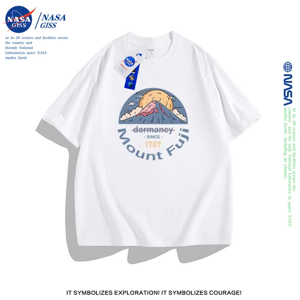 NASA เสื้อยืดชายหญิงแขนสั้น สตรีทฮิปฮอป summer Mount Fuji เสื้อยืดพิมพ์ลาย คอตตอน คอกลม หลวมและระบายอากาศ